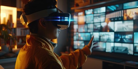 Gamer using VR goggle connecting in visual world program. Person standing while enter in futuristic world for playing game while using visual reality glasses. Technology innovation concept. AIG42.