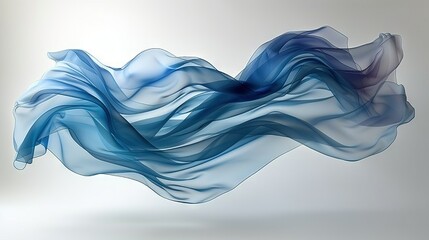 Wall Mural -   A blue-and-white wave soars through the sky, its fabric billowing in the wind against a white backdrop