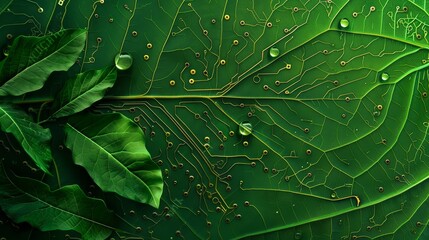 Canvas Print - Sustainable green technology concept with leaf shape and electronic circuits. Innovative digital design for eco-friendly,renewable energy and clean power solutions.