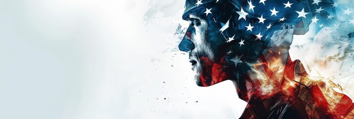 Unwavering Patriotism:A Powerful Double Exposure Artwork Depicting an American Combat Specialist Proudly Honoring the Enduring Stars and Stripes,Conveying the Fortitude and Bravery of the Nation.