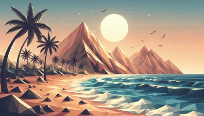 Wall Mural - Low poly geometric style of a beach landscape