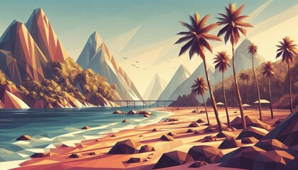 Wall Mural - Low poly geometric style of a beach landscape