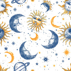 Aufkleber - Charming celestial design with smiling suns and moons, simple planets, and stars, creating a delightful and enchanting pattern