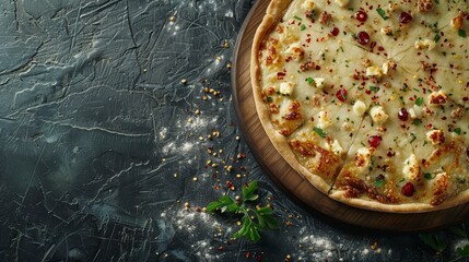 Wall Mural - Elegant and clean studio background with copy space perfect for photographing and advertising tarte flambe,a savory Alsatian flatbread dish with cheese,onions,and bacon.