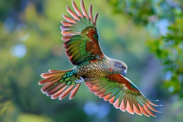 Wall Mural - A vibrant parrot in flight, displaying colorful feathers against a lush, green forest backdrop.