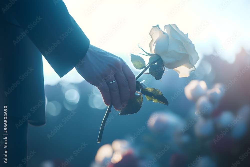 Man in black suit holding white rose while standing by coffin with dead ...