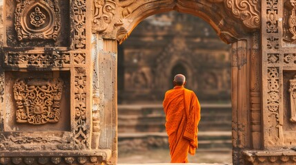 monk in orange robe walking through ancient temple gate