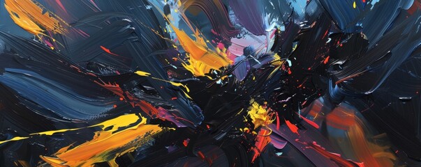 Wall Mural - Abstract oil painting with thick textured brushstrokes of yellow, orange, red, blue, and white paint mixing together on a black background