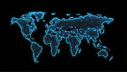 world map hologram. abstract blue wireframe world map on black background.