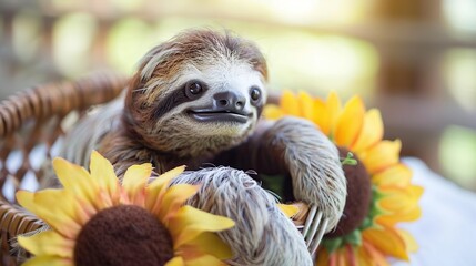 Wall Mural - A Sloth Posing With Sunflowers
