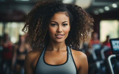 Wall Mural - A fit, active Black woman with curly hair is smiling confidently at the camera while wearing athletic clothing at the gym