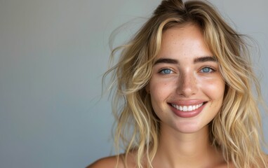 Wall Mural - A close-up portrait of a young, beautiful blonde woman with bright blue eyes and a warm smile