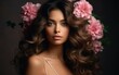 © imagineRbc - A beautiful woman with long, flowing brown hair adorned with pink flowers poses against a dark background