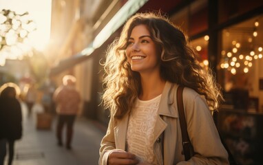 A young woman walks down a city street at sunset while using her smartphone. She is smiling and appears to be happy