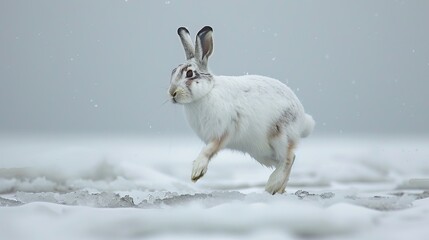 Wall Mural - White Hare Running on Icy Ground