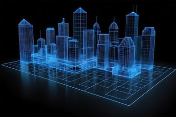 3D city hologram. abstract blue wireframe city building on black background.