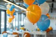 © Анатолий Сав - Balloons in corporate colors adorn an office event, creating a festive atmosphere. Generative AI