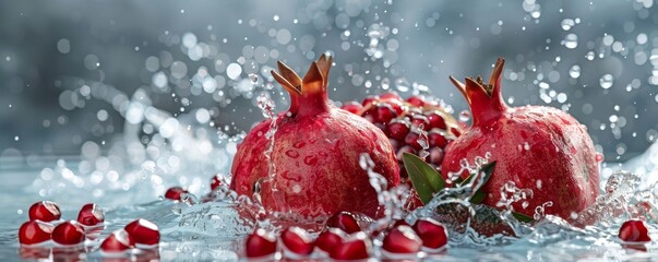 Wall Mural - Fresh pomegranates splashing in water, vibrant and refreshing. Healthy food and hydration concept