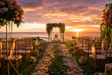 Wall Mural - Beautifully decorated outdoor wedding ceremony with a view of the ocean at sunset 