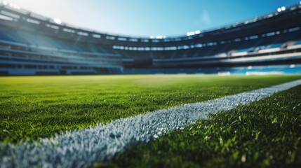 Wall Mural - A close-up view of a white line on a lush green football field, with the stadium in the blurred background. Sunlight illuminates the scene, adding a bright and vibrant feel