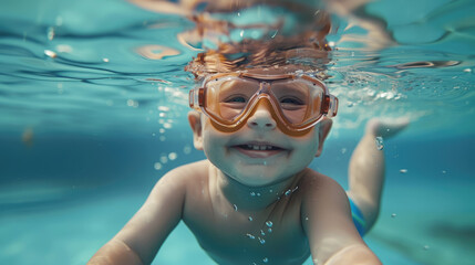 little boy in a diving mask swims underwater in the sea, child, kid, baby, summer, vacation, swimming, ocean, scuba diving, snorkeling, recreation, dive, face, person, people, blue water, aqua, pool