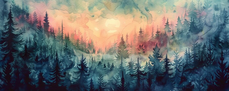 Watercolor painting showing a scenic view of a dense forest with tall evergreen trees and colorful sunset in the background