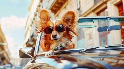 Wall Mural - Dog in Sunglasses Drives in a Convertible