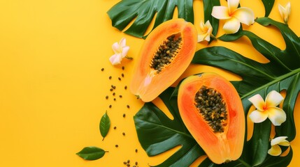 Wall Mural - Fresh papaya halves and tropical flowers on yellow background, summer concept