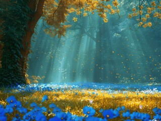 Poster - A beautiful landscape with blue flowers and yellow leaves. AI.