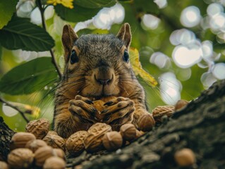 Poster - A squirrel sits on a tree branch and eats a nut. AI.