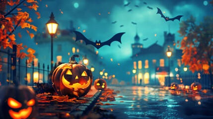 On the streets of the city at night, bats fly, and along the roadsides there are pumpkins glowing from the inside. Halloween concept.