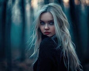 Wall Mural - Portrait of a beautiful young woman with long blonde hair and blue eyes, wearing a black sweater, standing in a forest. AI.