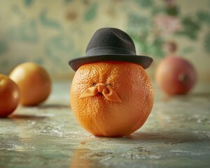 Canvas Print - An orange wearing a hat and fake mustache. AI.