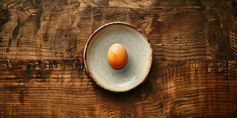 Poster - A lone egg sits in a ceramic dish, against a wood grain background. AI.