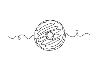 Wall Mural - Continuous one line drawing of delicious donut with topping isolated on white background. Food concept vector illustration.