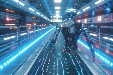 Poster - AI robot in high tech corridor, highlighting advanced technology, artificial intelligence, and tech innovation in a futuristic digital environment