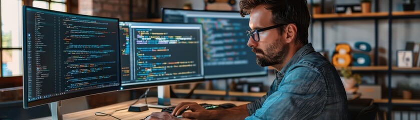 Man working on computer with code on screen.
