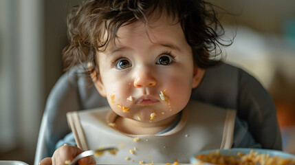 Wall Mural - A cute baby with messy hair and food on their face sits in a high chair, holding a spoon.