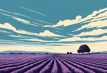 Wall Mural - AI generated illustration of a lavender field under a blue sky with clouds and a lone tree