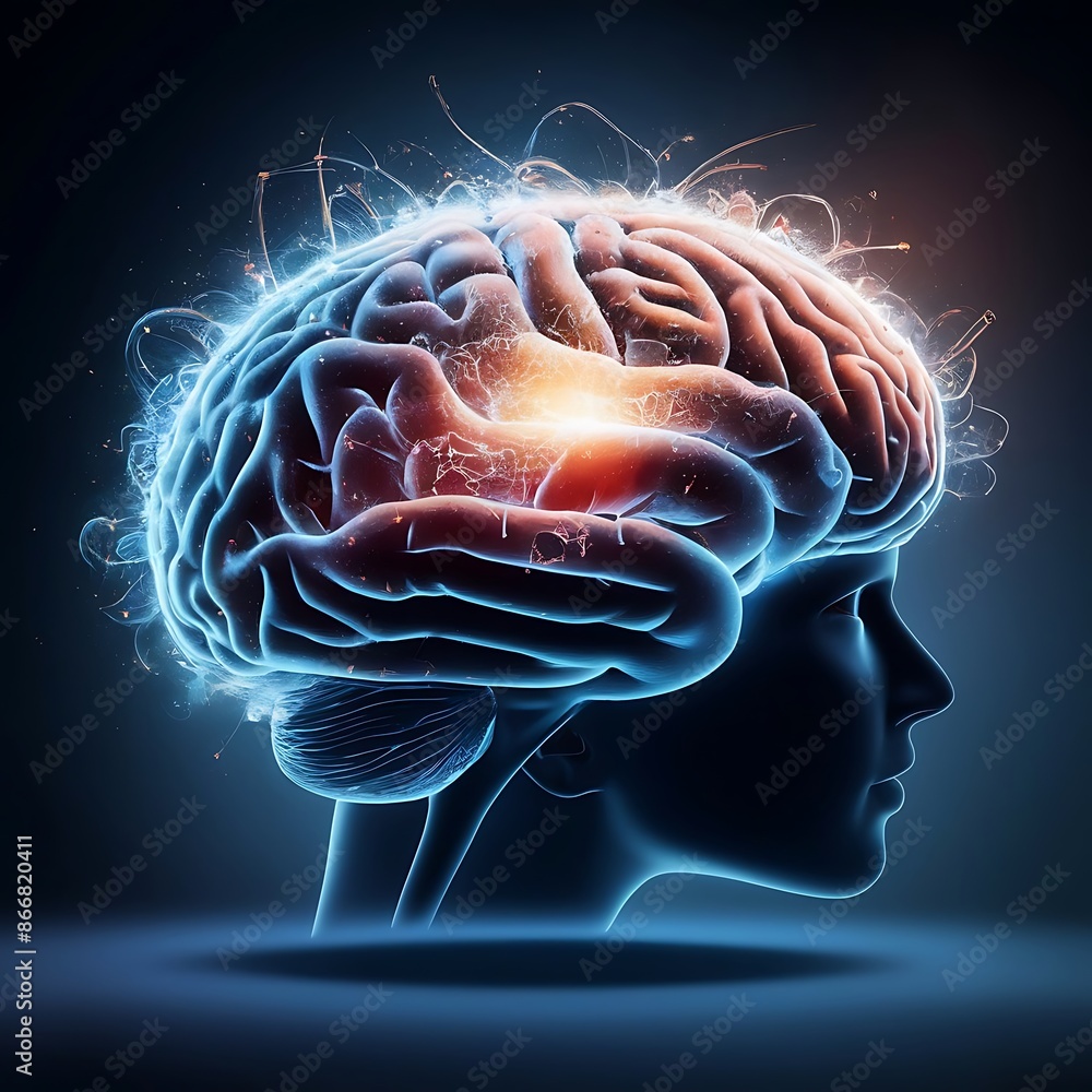 A human brain in concept art that is bursting with knowledge and ...