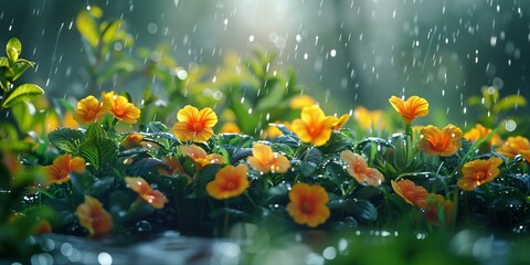 Wall Mural - Nature photography, vibrant orange flowers in the rain, close-up shot with water droplets, lush green background