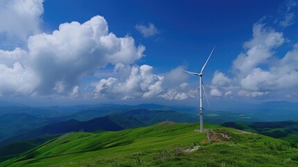 Wall Mural - Background image of wind turbine on hill overlooking green valley with blue sky. Landscape photography with dynamic cloud formation. Renewable energy and environmental conservation concept. AIGT2.