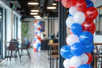 Colorful balloons in corporate colors decorate an office space for an event. Generative AI