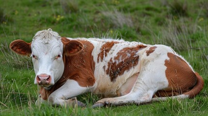 Canvas Print - A Relaxed Brown and White Calf Resting in a Field