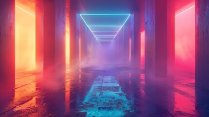 Wall Mural - Futuristic Neon Fantasy Geometric Poster with Glowing Lights and Fog in Wide Shot
