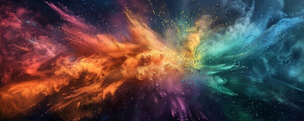 Wall Mural - Vibrant and energetic explosion of color resembling a cosmic event, with particles and stardust scattering across a dark background