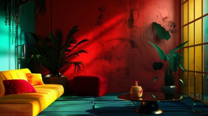 Wall Mural - Dynamic Abstract 3D Rendering with Bold Colors and Dramatic Lighting in Medium Shot