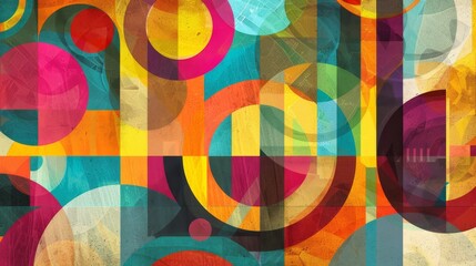 Wall Mural - Retro Abstract Geometric Composition with Vibrant Hues and Texture Details in Bright Light at Eye Level