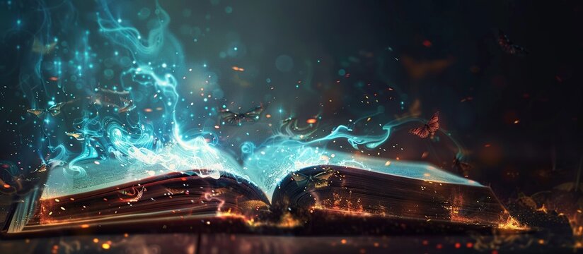 An open book with sparkles coming out of it ideal for fantasy.