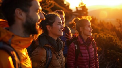 a group of friends enjoying a sunset hike, their faces reflecting awe and camaraderie,